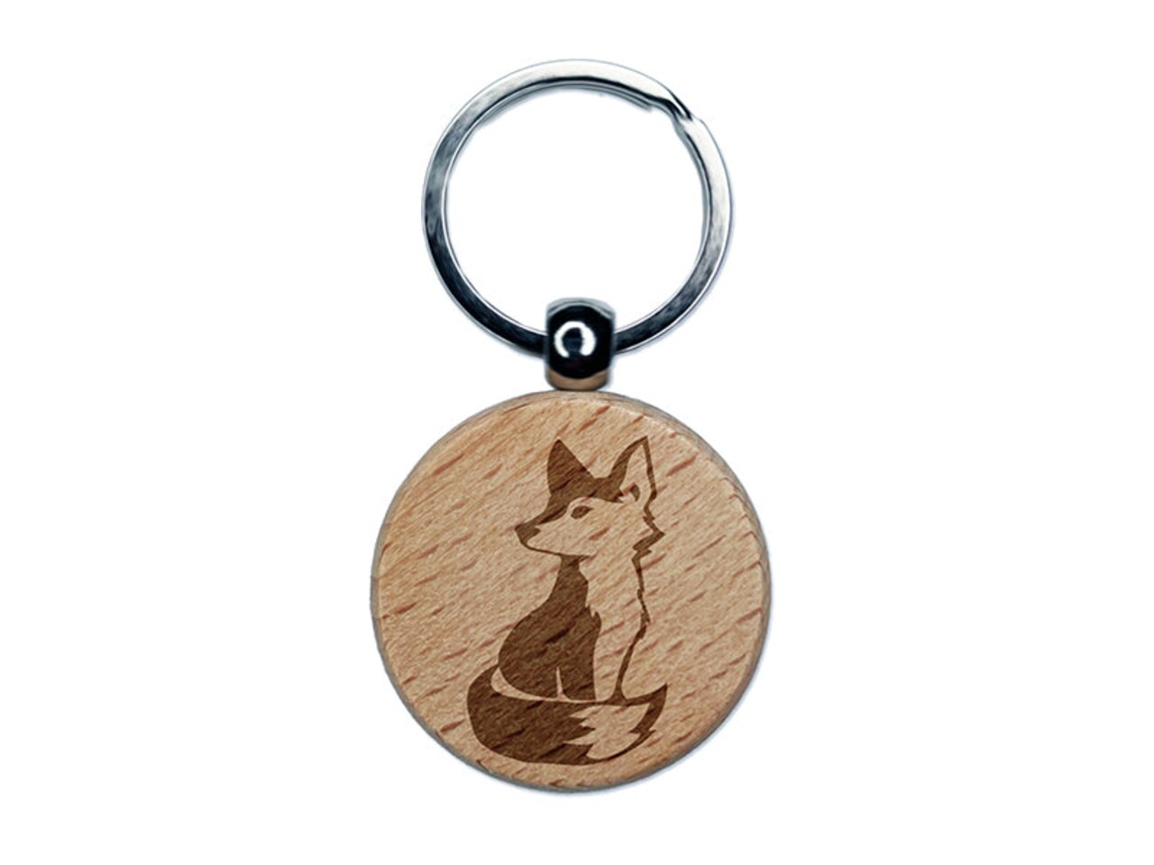 Curious Fox Sitting Looking Back Engraved Wood Round Keychain Tag Charm